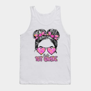 Kids Hello First Grade Messy Bun Girls 1st Grade Back To School Tank Top